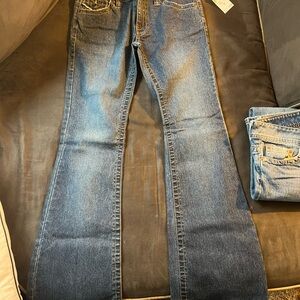 NWT One Tuff Babe Pants Women 7/8 Blue Denim Jeans Bootcut Low Rise